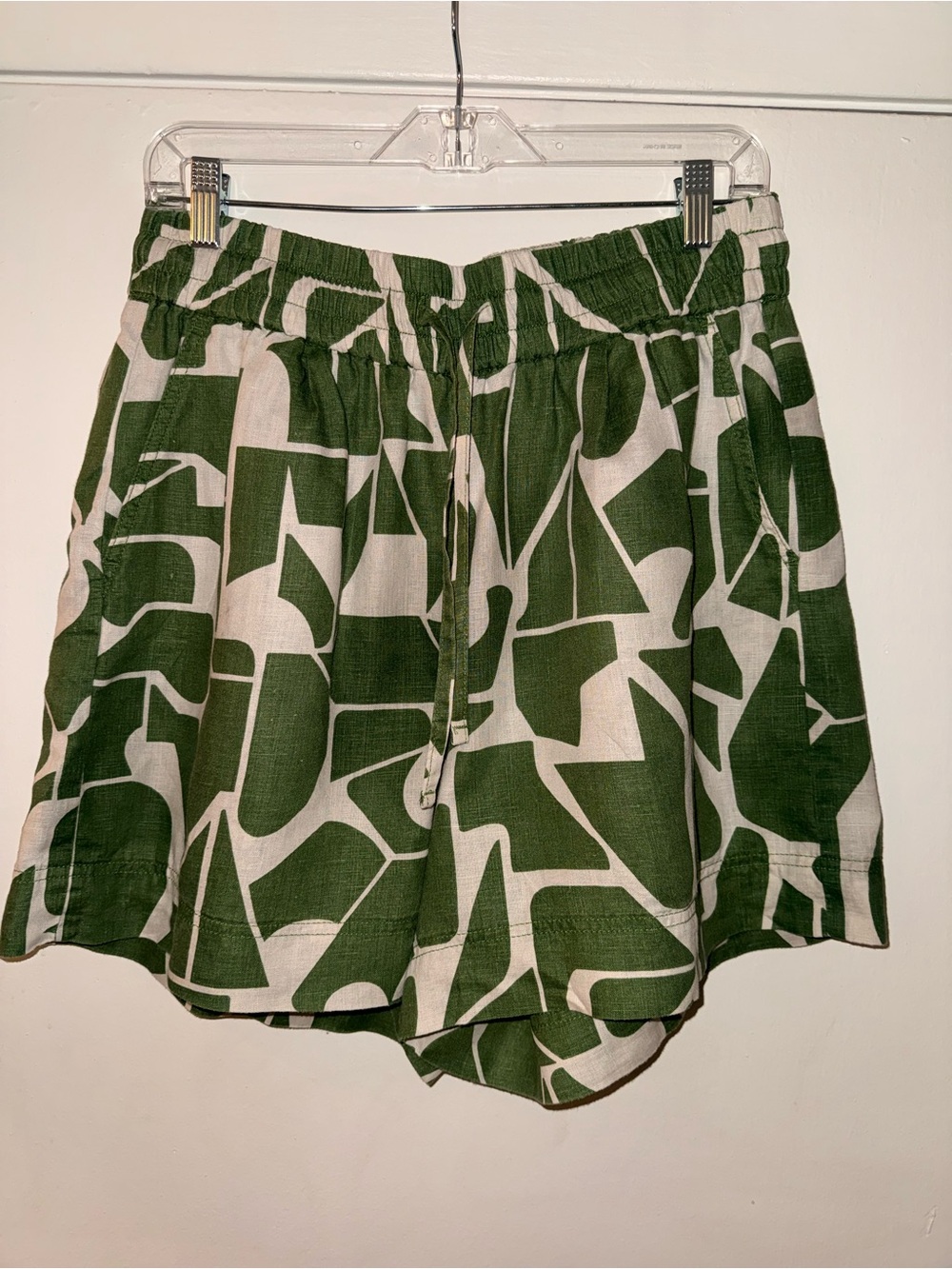 100% linen green & cream printed shorts